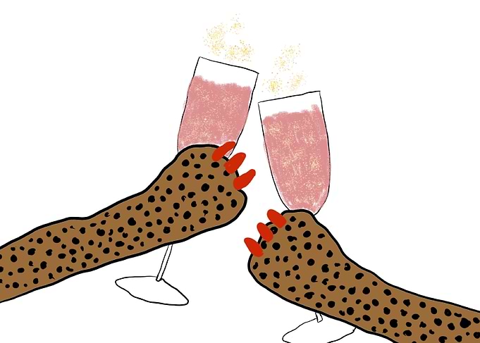Leopard Print Paws Toasting Champagne