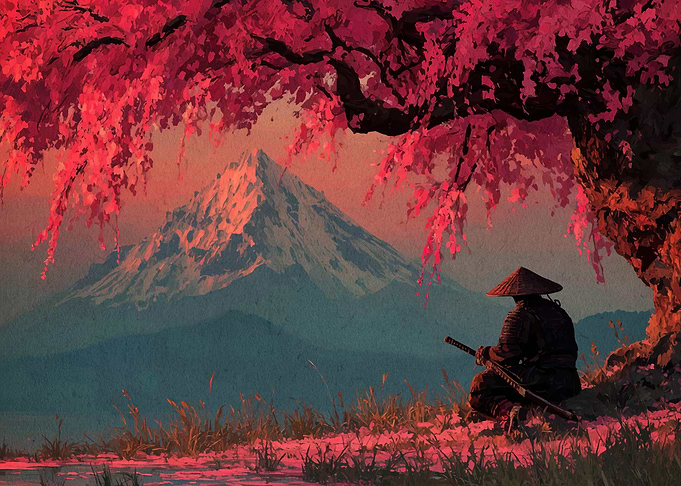 Samurai under Cherry Tree with Mountain