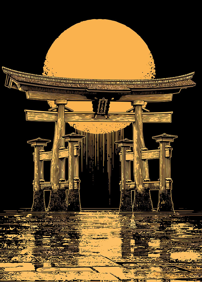 Torii Gate with Rising Sun Illustration