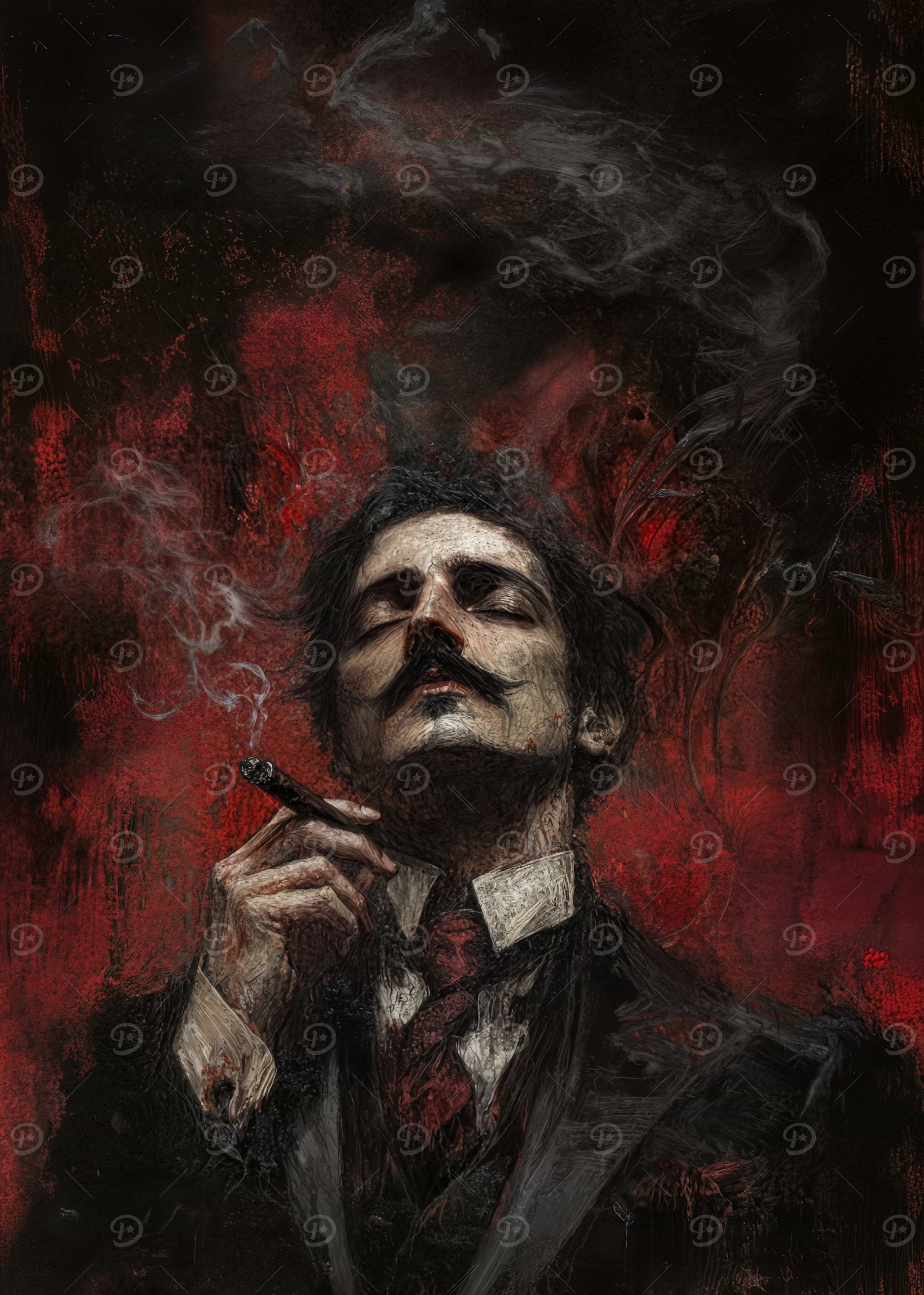 Man with Cigar in Dark Painting
