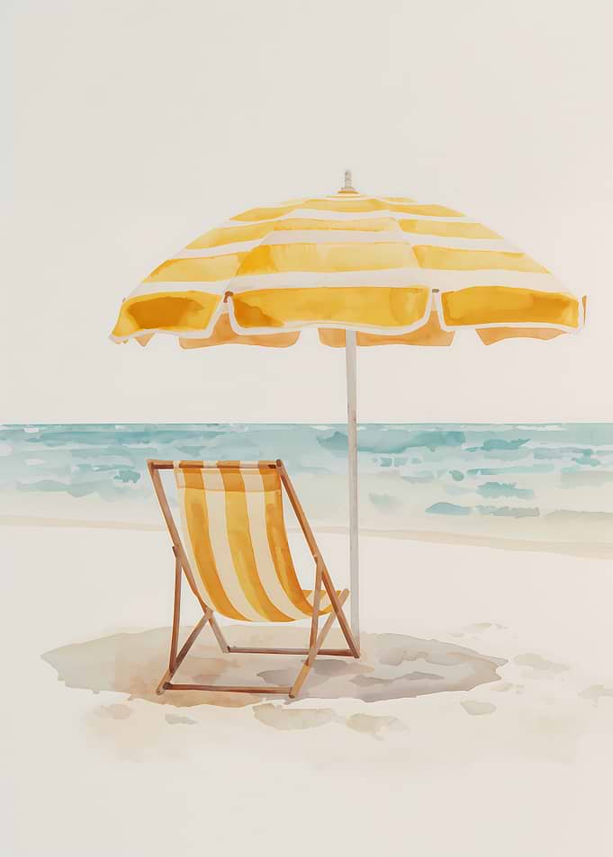 Watercolor Beach Scene with Umbrella