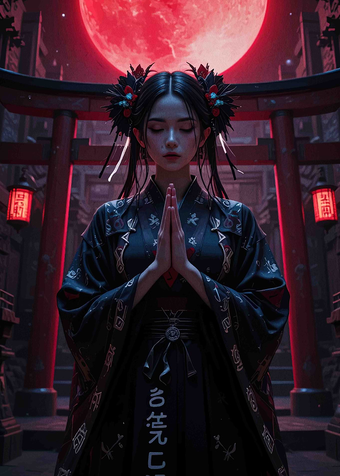 Asian Woman Praying Under Red Moon
