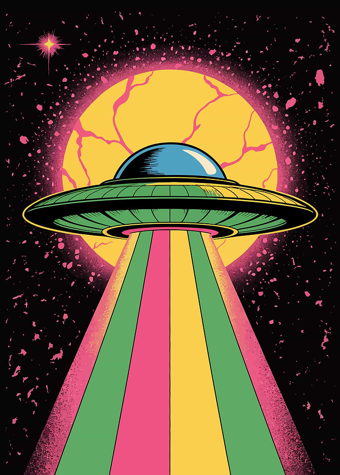 Retro UFO with Colorful Beam