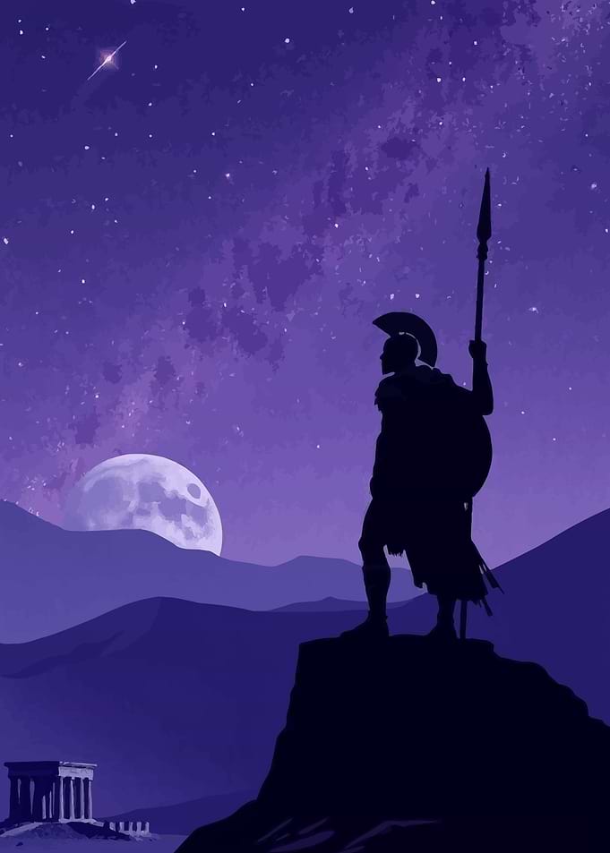 Spartan Warrior Silhouette Under Starry Sky
