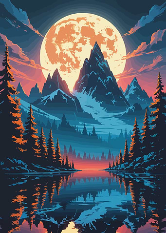 Mountain Landscape with Moon Reflection
