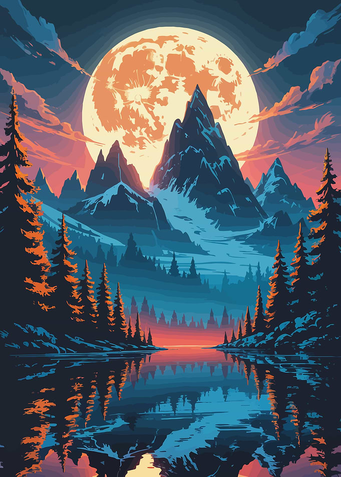 Mountain Landscape with Moon Reflection
