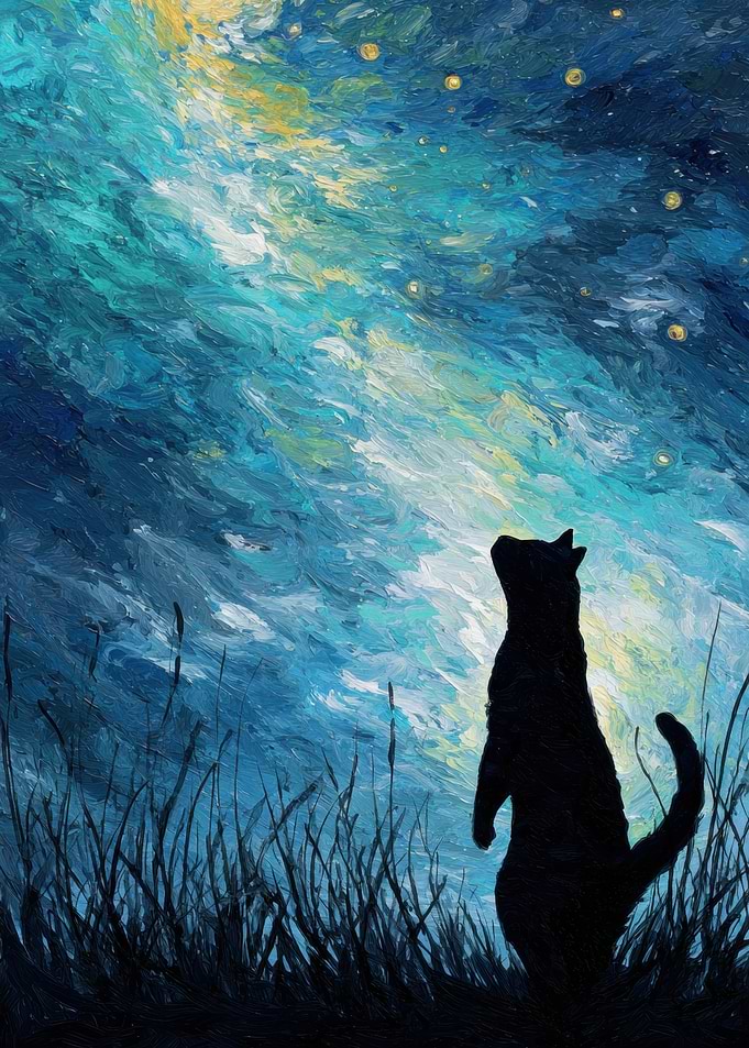 Cat Gazing at Starry Sky Painting