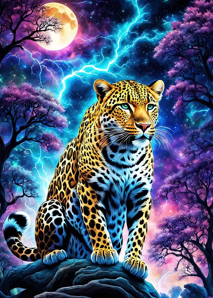 Leopard stormy moonlit sky