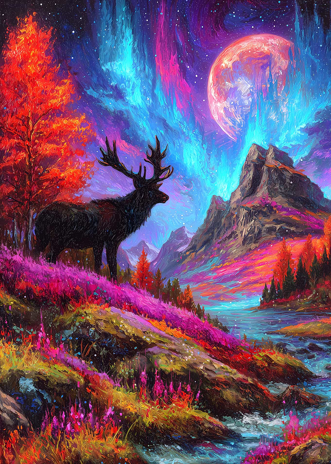 Colorful Fantasy Landscape with Deer