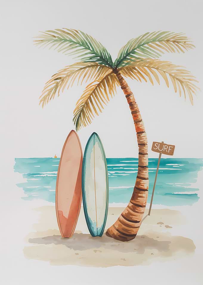 Watercolor Surfboards and Palm Tree Beach