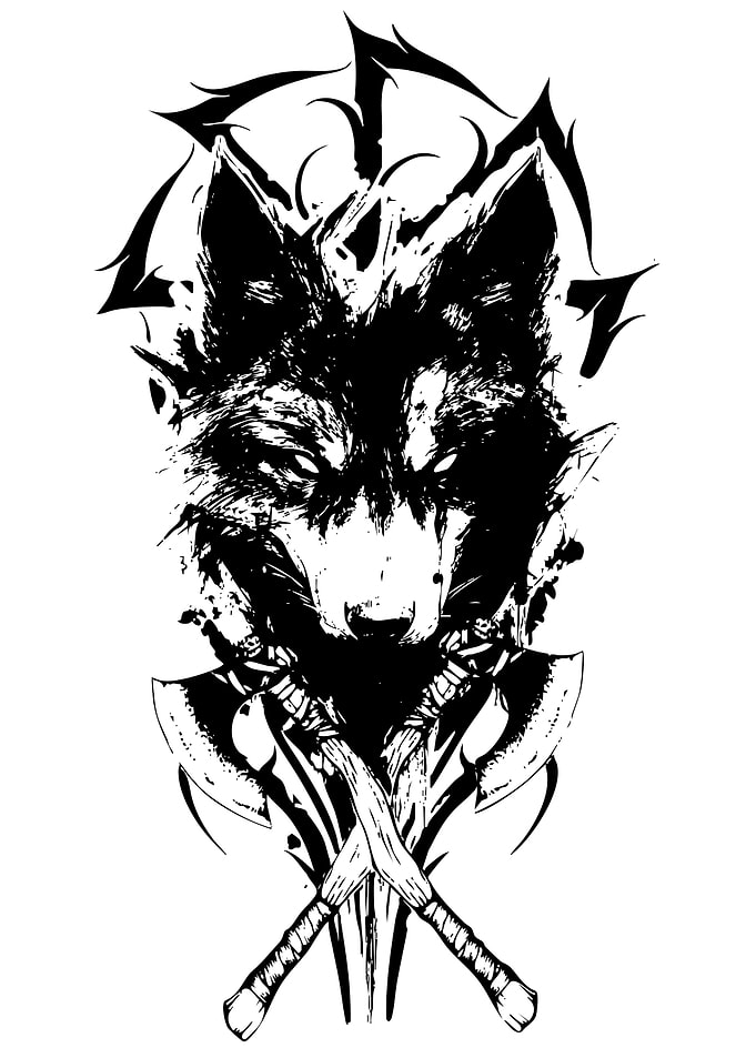 Wolf and Axes Black and White