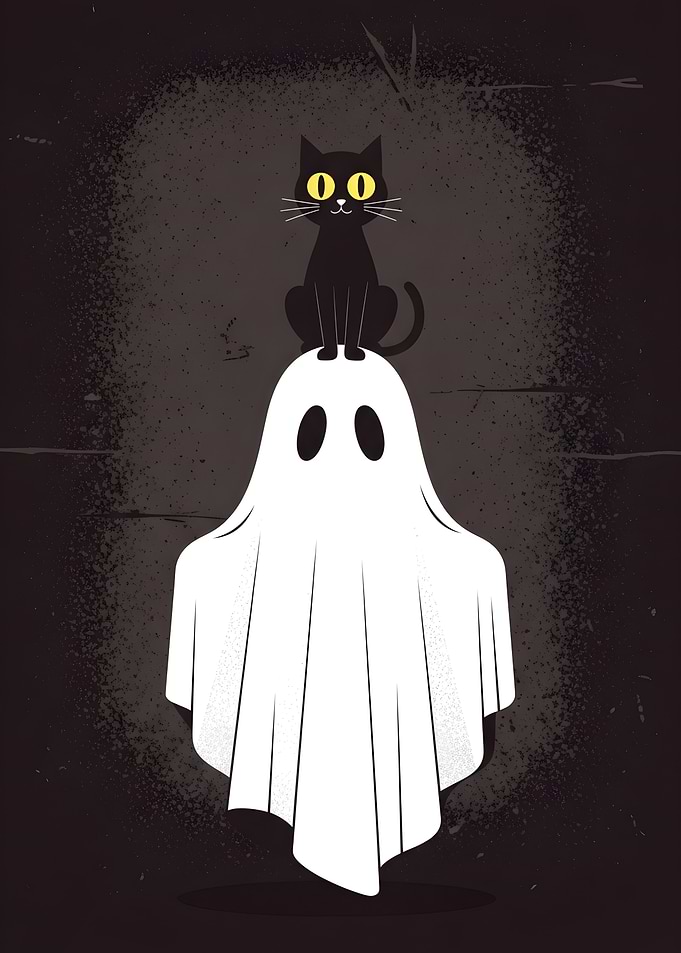 Black Cat on Ghost Halloween Illustration