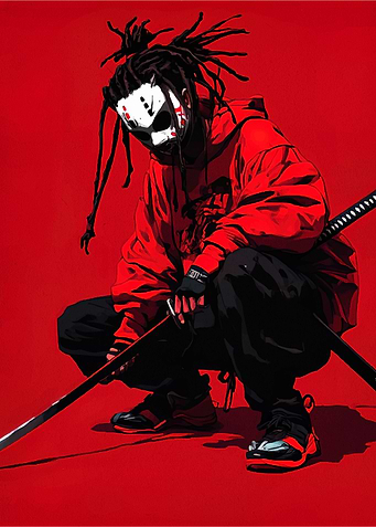Masked Figure with Swords on Red