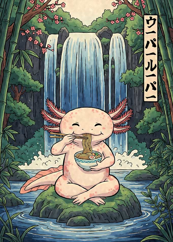 Axolotl Eating Ramen by Waterfall