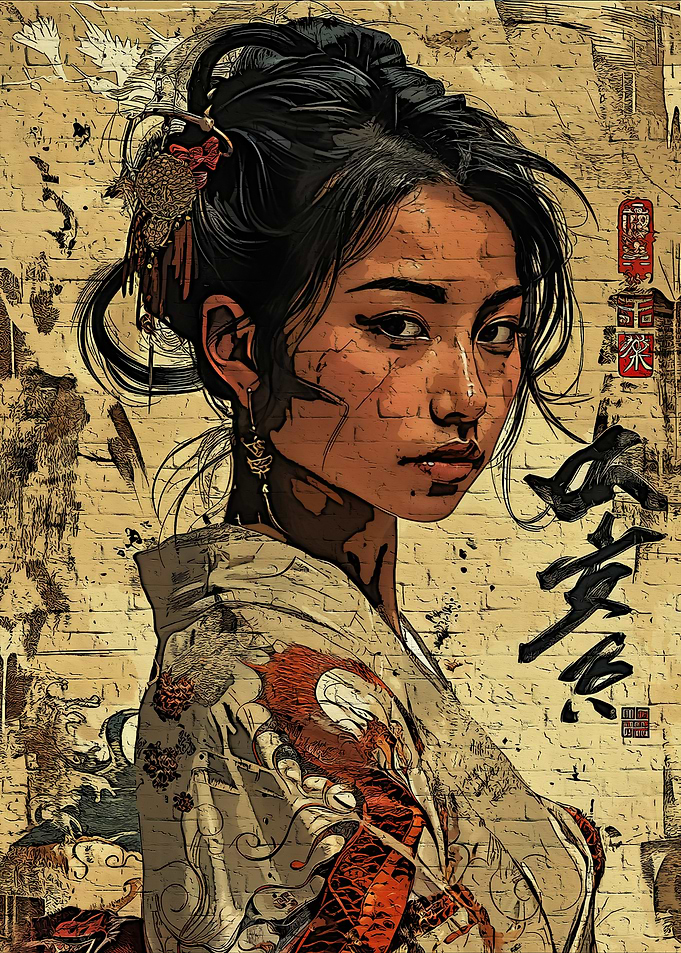 Geisha Portrait with Japanese Calligraphy