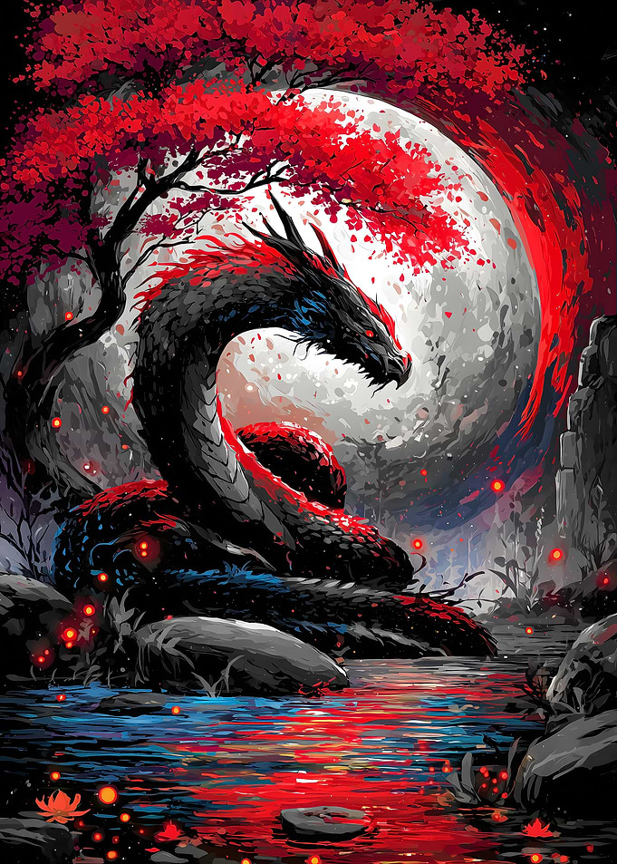 Dragon under the moon with red tree