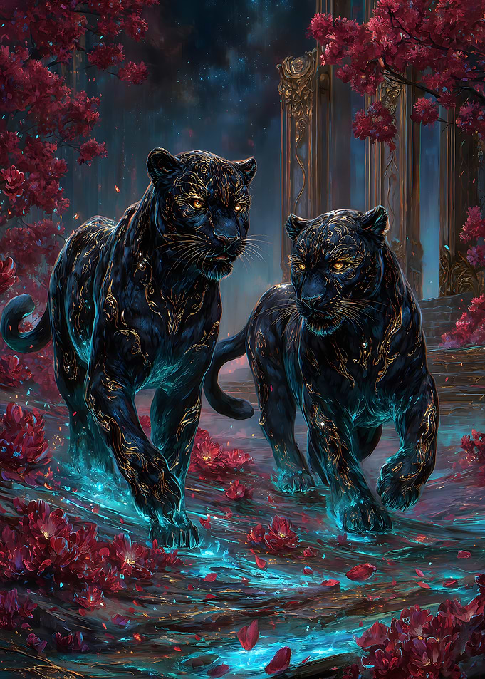 Two Black Panthers in Floral Landscape