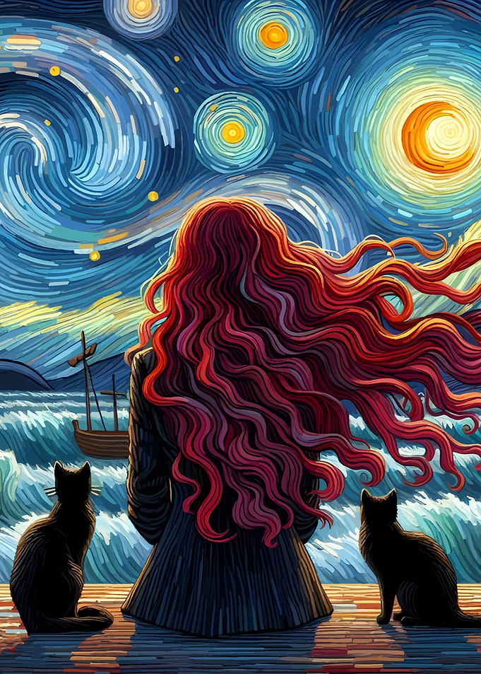 Cats and Starry Night Seascape
