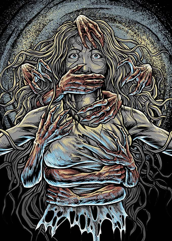 Horror Illustration: Woman Surrounded by Hands