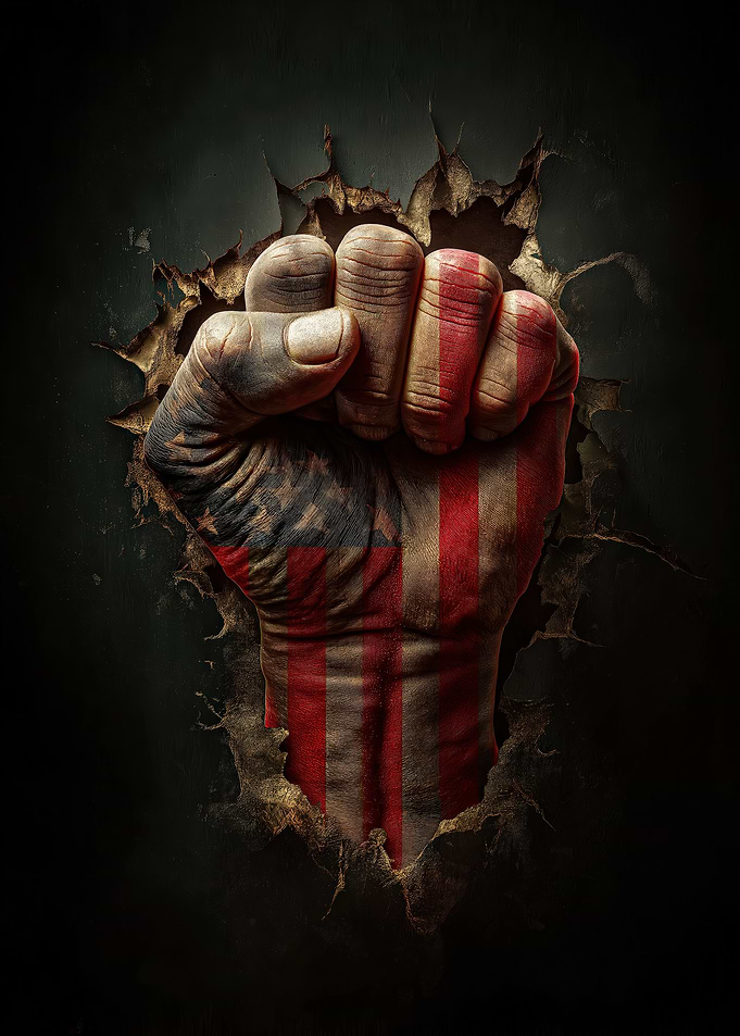 American Flag Fist Breaking Through Wall