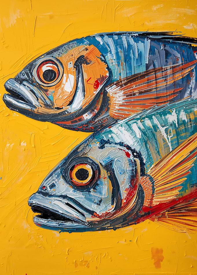 Two Fish Painting on Yellow Background