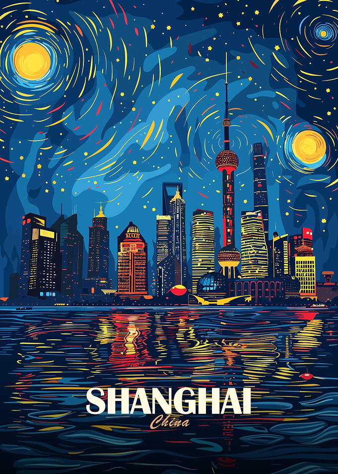 Shanghai China Skyline Night Art