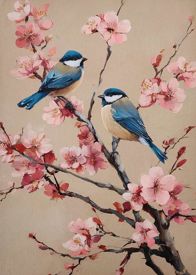 Birds on Cherry Blossom Branch Painting