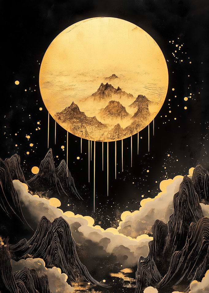 Golden Moon and Mountain Landscape Art