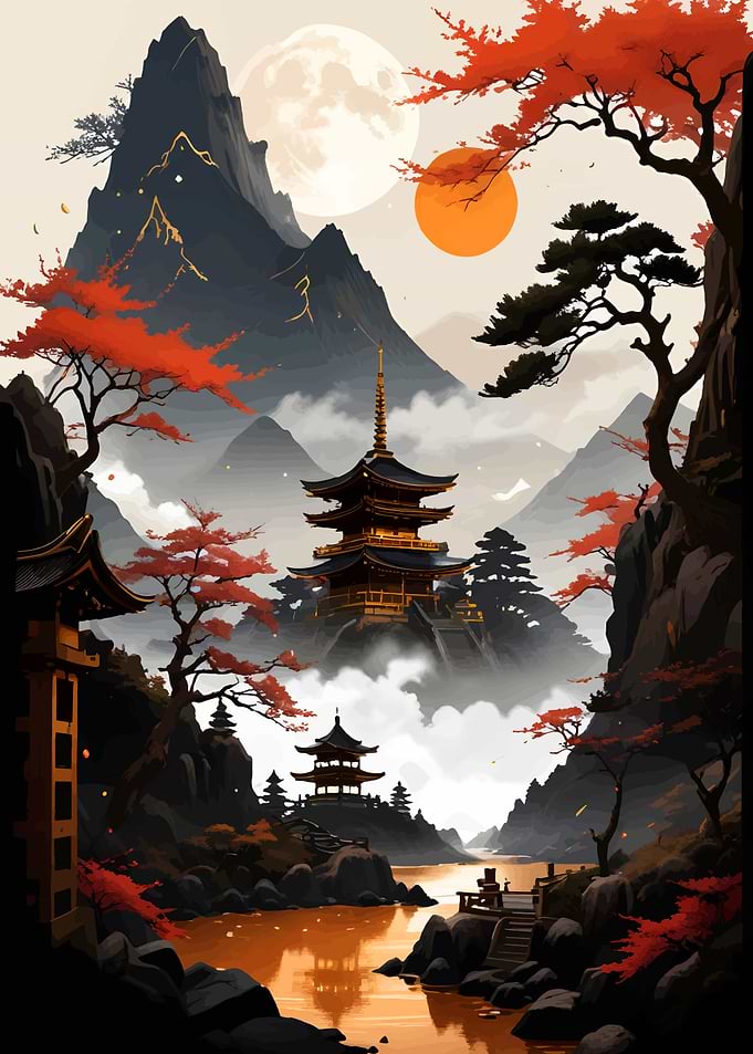 Japanese Landscape with Autumn Colors