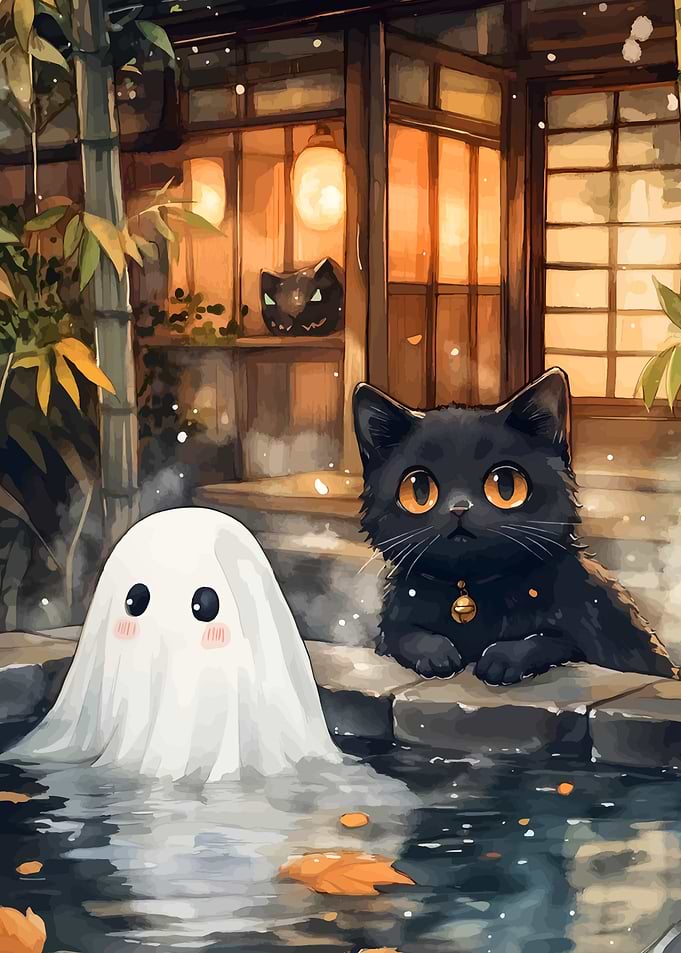 Cute Ghost and Black Cat