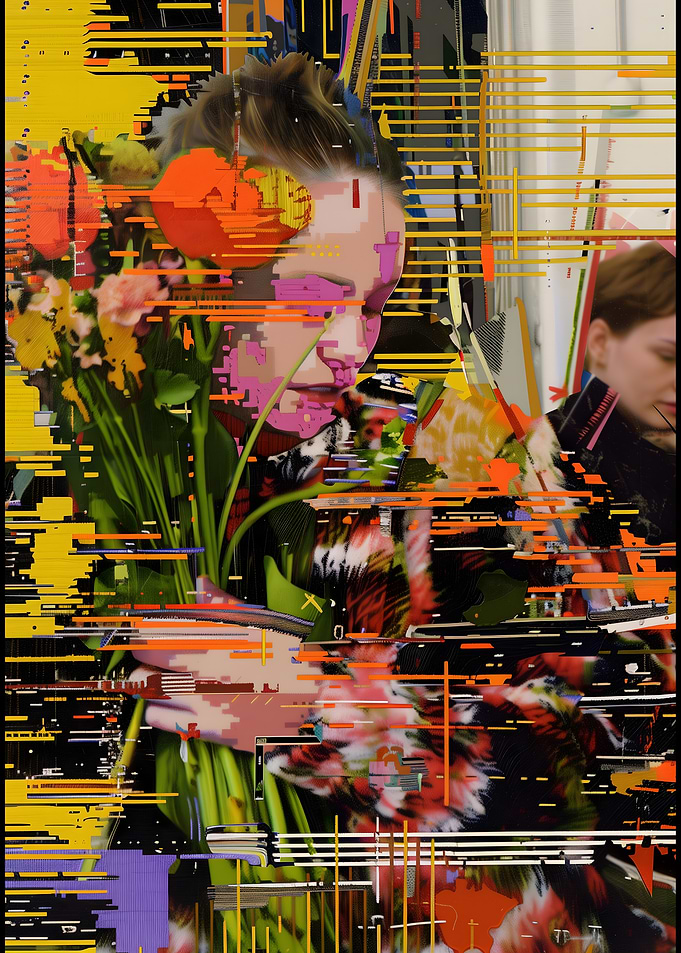 Glitch Bloom: Fragmented Portrait with Flowers