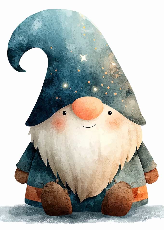 Watercolor Gnome with Starry Hat