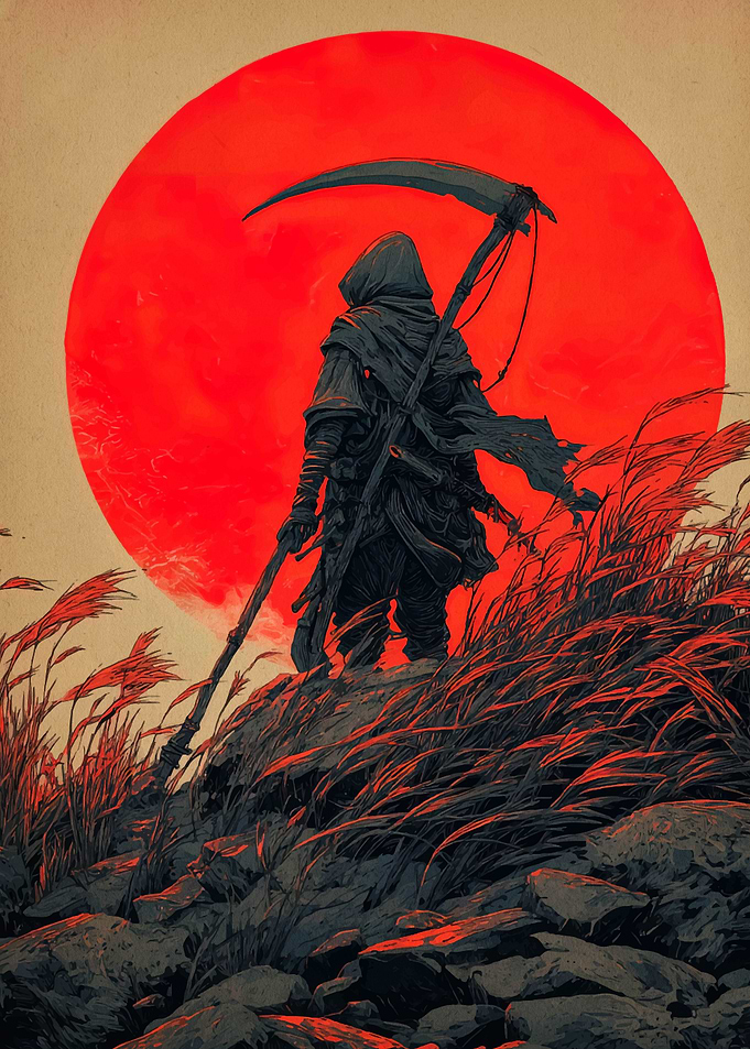 Grim Reaper Silhouette with Red Sun