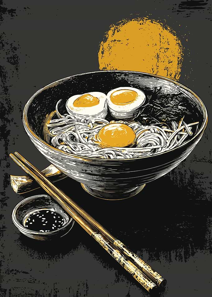Ramen Bowl with Eggs and Chopsticks