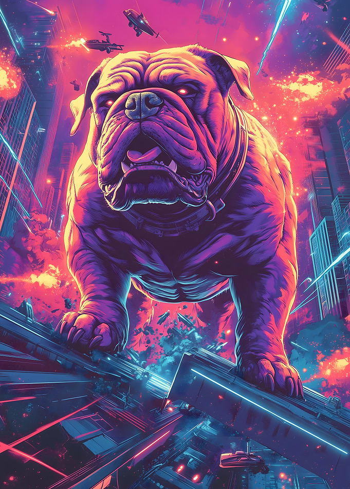 Cyberpunk Bulldog in Futuristic Cityscape Japan