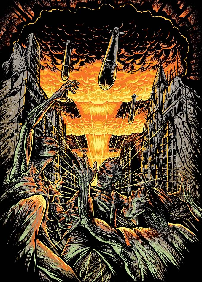 Apocalyptic Cityscape with Bombs and Figures
