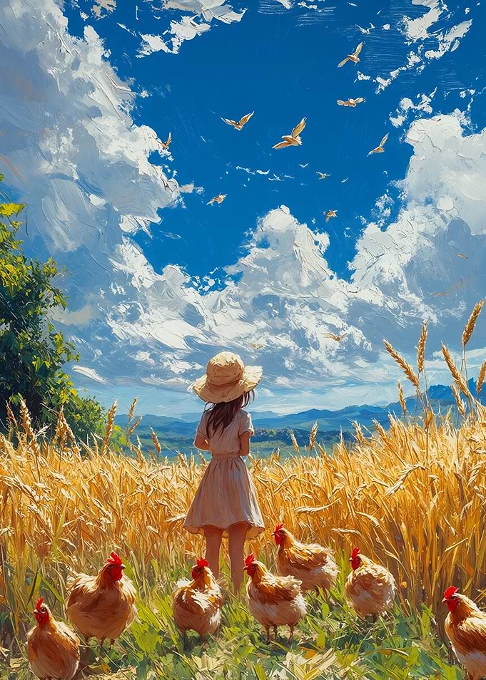 Girl in Wheat Field with Chickens