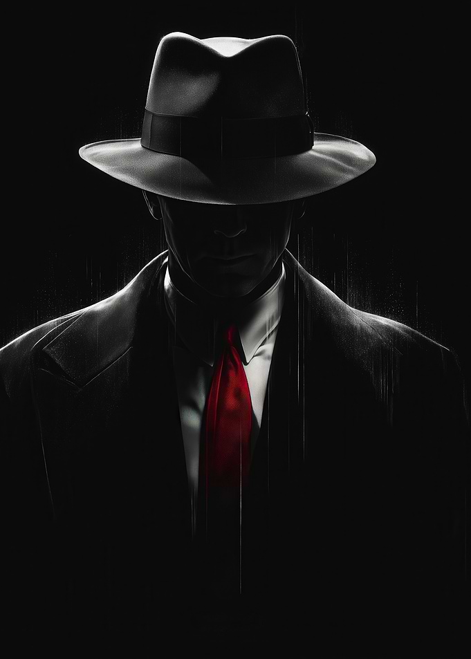 Noir Detective Silhouette Red Tie Black Background Mystery Intrigue