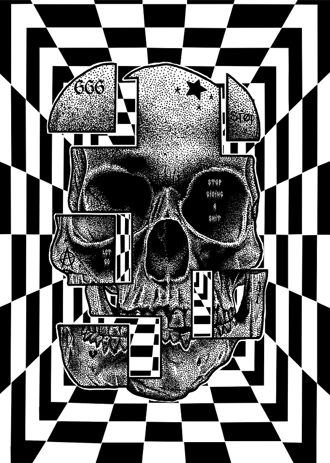 ‘Skullusion’ Deconstructed Skull with Checkerboard Background