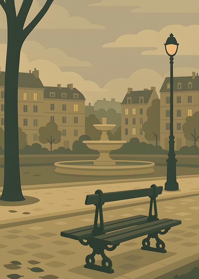 Park Scene with Bench and Fountain