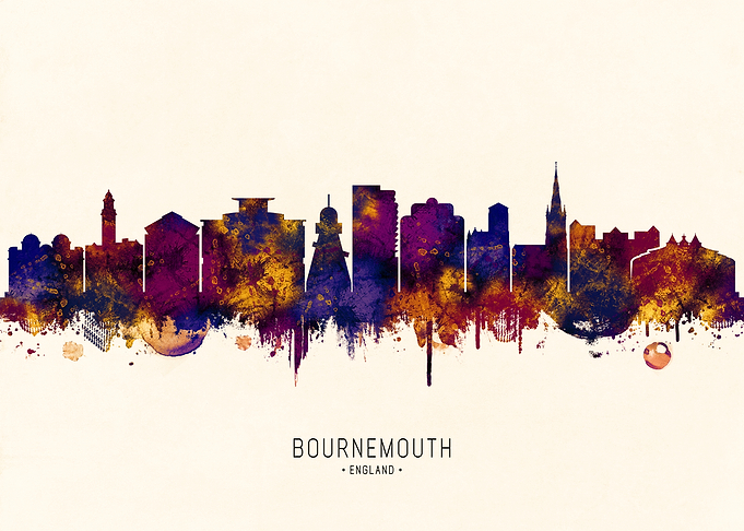 Bournemouth England Skyline Watercolor Silhouette
