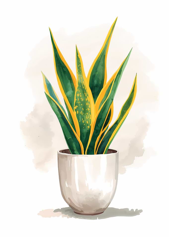 Watercolor Snake Plant in White Pot