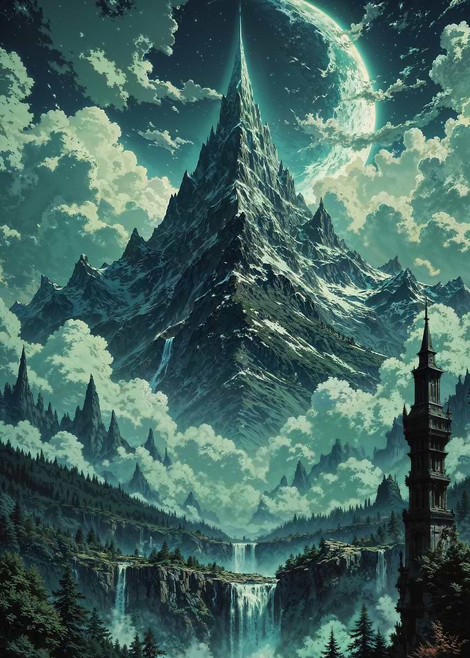 Mystical Spire of Aethel: Epic Mountain Landscape Under the Cosmic Moon