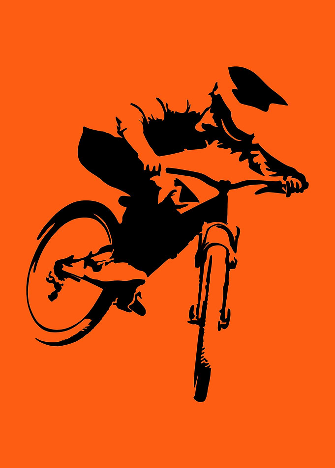 Mountain biker silhouette on orange background