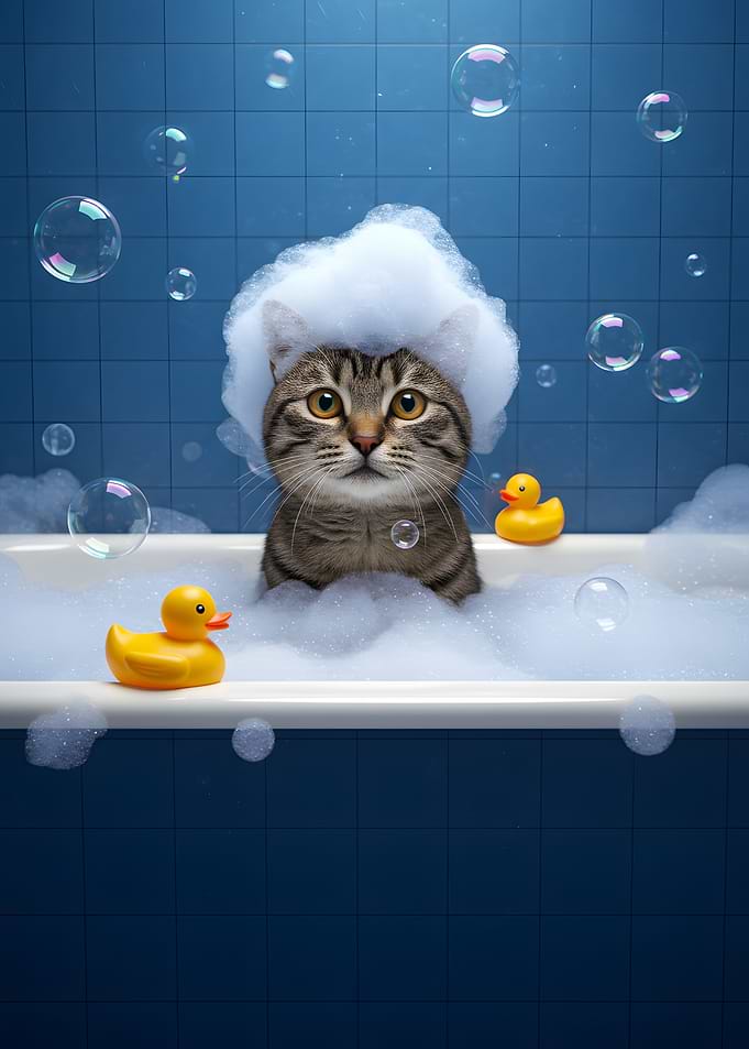 Cat in Bathtub with Bubbles