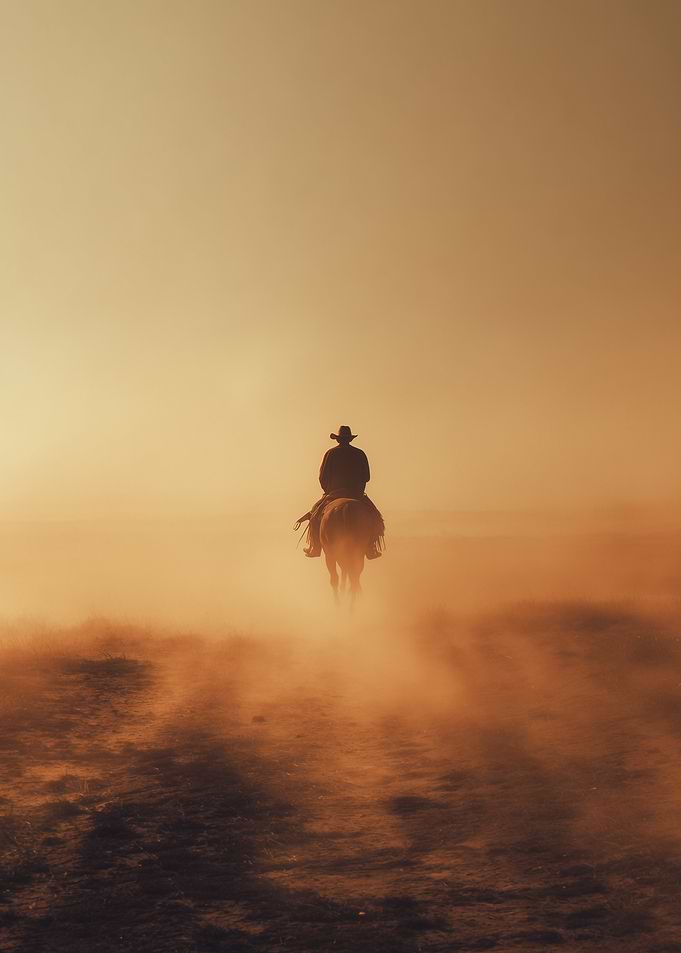 Cowboy Riding Horse in Golden Light
