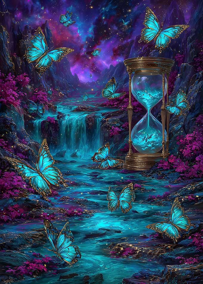 Hourglass, Butterflies, and Magical Landscape