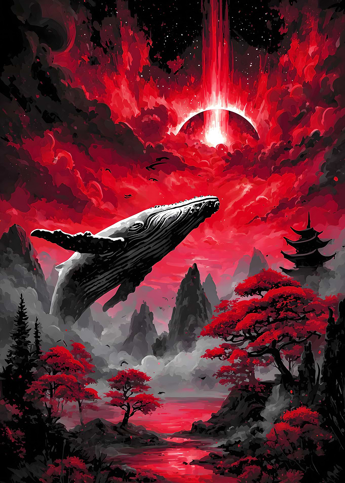 Whale in Red Japanese Landscape