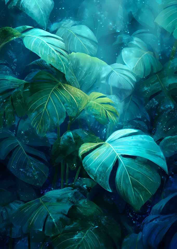 Lush Tropical Foliage in Teal and Green