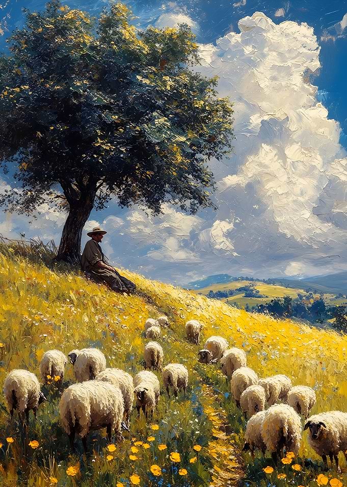 Shepherd and Sheep in Sunny Landscape